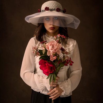 Beautiful Fine Art Portrait Holding a Bouquet of Flowers